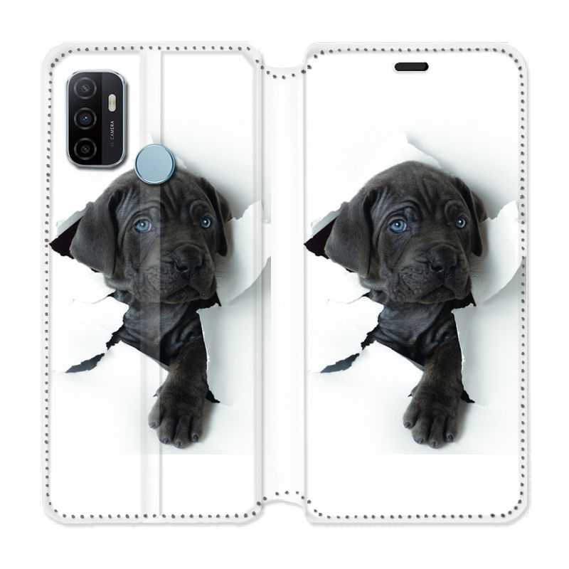 Housse Cuir Portefeuille Pour Oppo A53 / A53S Chien Noir