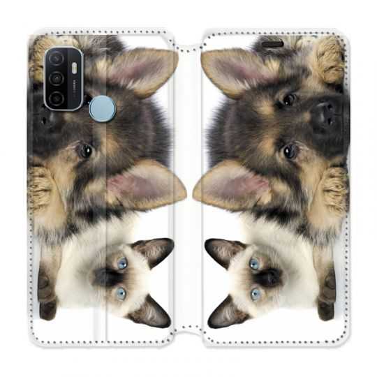 Housse Cuir Portefeuille Pour Oppo A53 / A53S Chien vs Chat