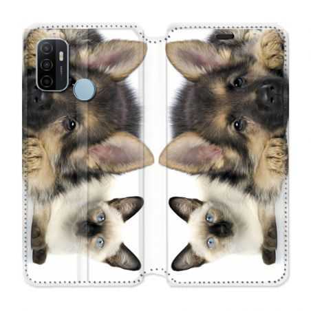 Housse Cuir Portefeuille Pour Oppo A53 / A53S Chien vs Chat