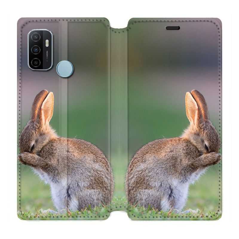 Housse Cuir Portefeuille Pour Oppo A53 / A53S Lapin Marron