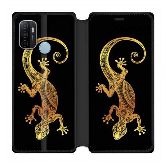 Housse Cuir Portefeuille Pour Oppo A53 / A53S Animaux Maori Lezard Noir