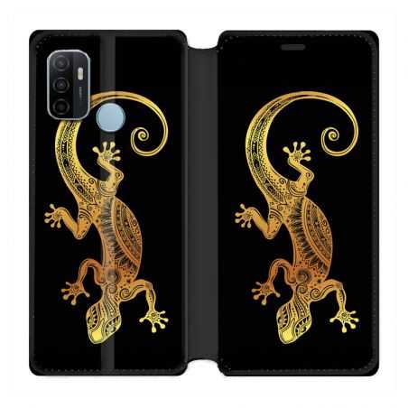 Housse Cuir Portefeuille Pour Oppo A53 / A53S Animaux Maori Lezard Noir