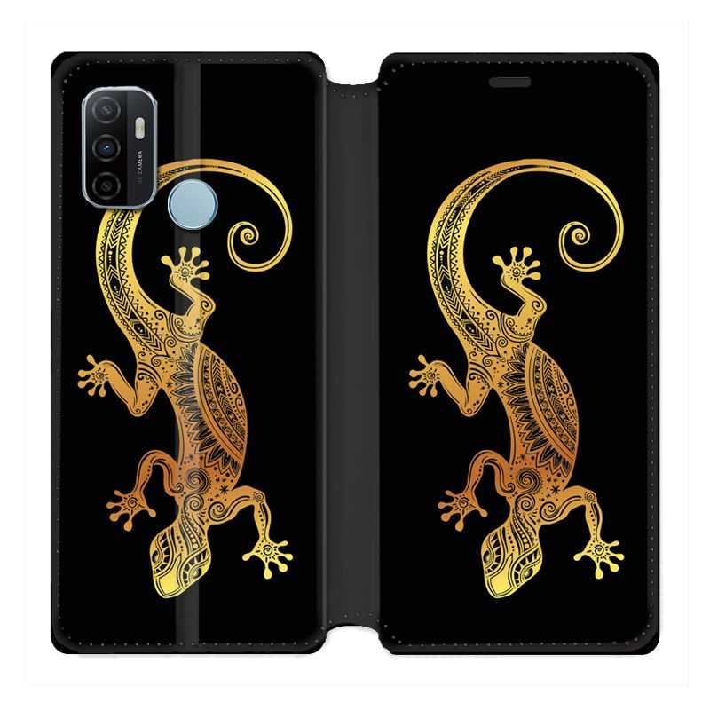 Housse Cuir Portefeuille Pour Oppo A53 / A53S Animaux Maori Lezard Noir