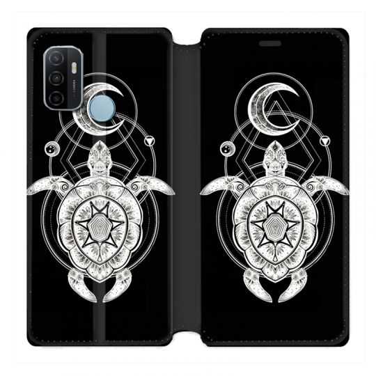 Housse Cuir Portefeuille Pour Oppo A53 / A53S Animaux Maori Tortue Noir