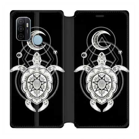 Housse Cuir Portefeuille Pour Oppo A53 / A53S Animaux Maori Tortue Noir