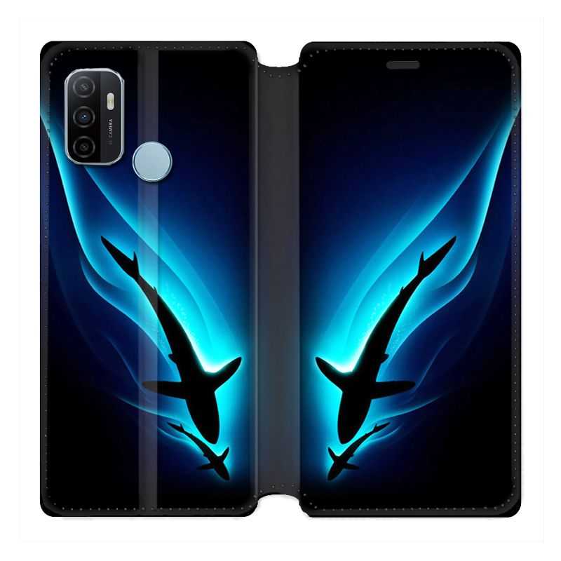 Housse Cuir Portefeuille Pour Oppo A53 / A53S Requin Noir