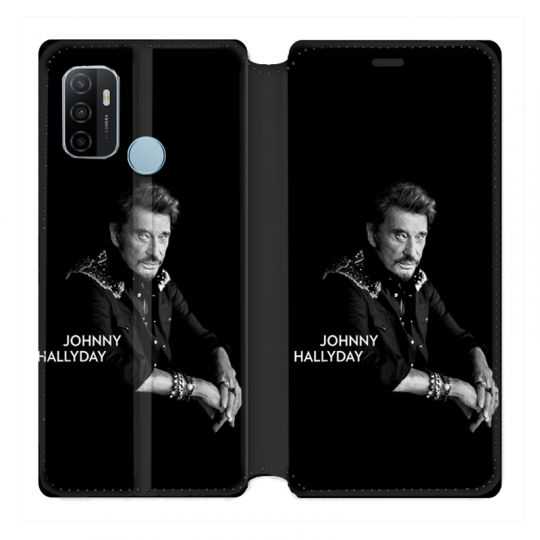 Housse Cuir Portefeuille Pour Oppo A53 / A53S Johnny Hallyday Noir