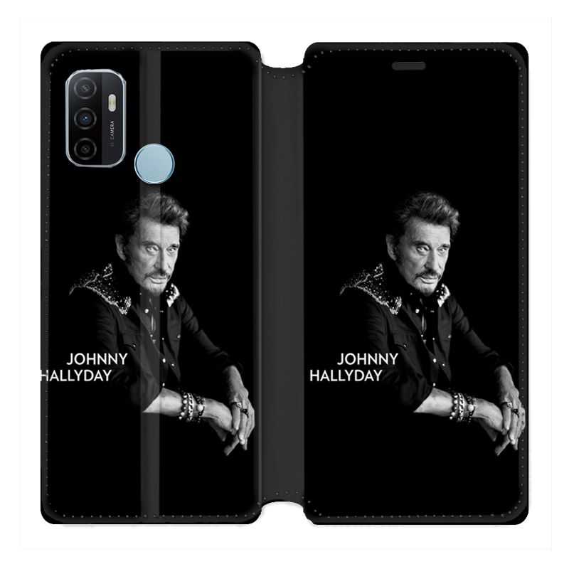 Housse Cuir Portefeuille Pour Oppo A53 / A53S Johnny Hallyday Noir