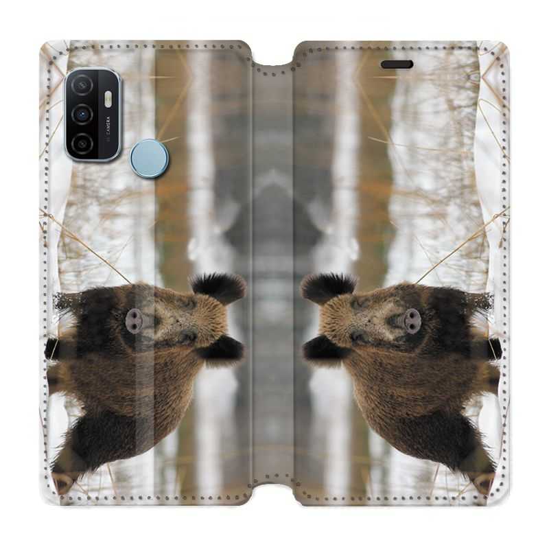 Housse Cuir Portefeuille Pour Oppo A53 / A53S Chasse Sanglier Neige