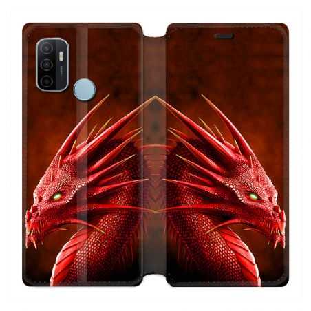 Housse Cuir Portefeuille Pour Oppo A53 / A53S Dragon Rouge