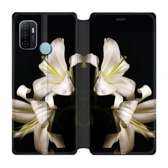 Housse Cuir Portefeuille Pour Oppo A53 / A53S Fleur Lys Noir