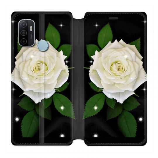 Housse Cuir Portefeuille Pour Oppo A53 / A53S Fleur Rose Blanche