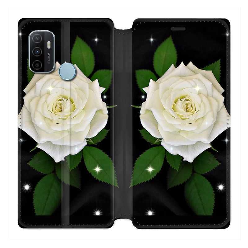 Housse Cuir Portefeuille Pour Oppo A53 / A53S Fleur Rose Blanche
