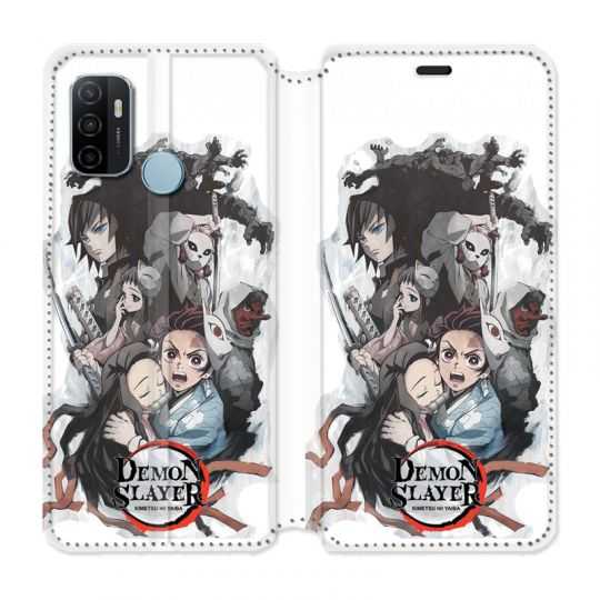 Housse Cuir Portefeuille Pour Oppo A53 / A53S Manga Demon Slayer Blanc