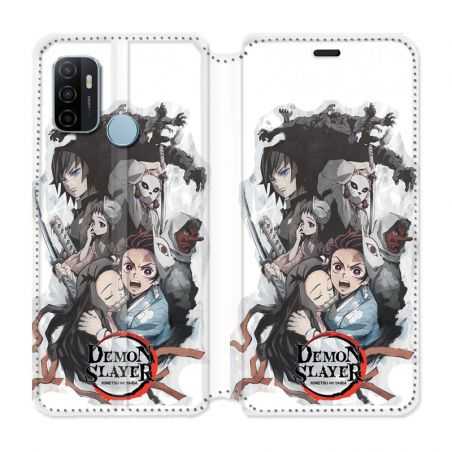 Housse Cuir Portefeuille Pour Oppo A53 / A53S Manga Demon Slayer Blanc