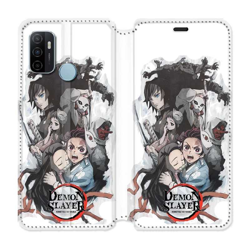 Housse Cuir Portefeuille Pour Oppo A53 / A53S Manga Demon Slayer Blanc