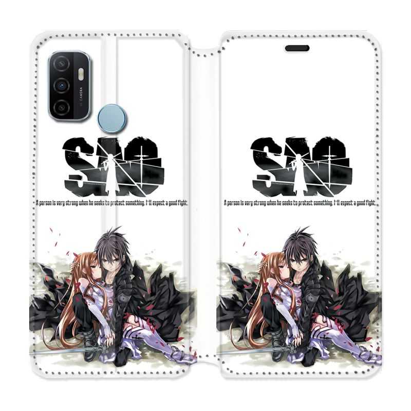Housse Cuir Portefeuille Pour Oppo A53 / A53S Manga SAO sword Art Online Blanc
