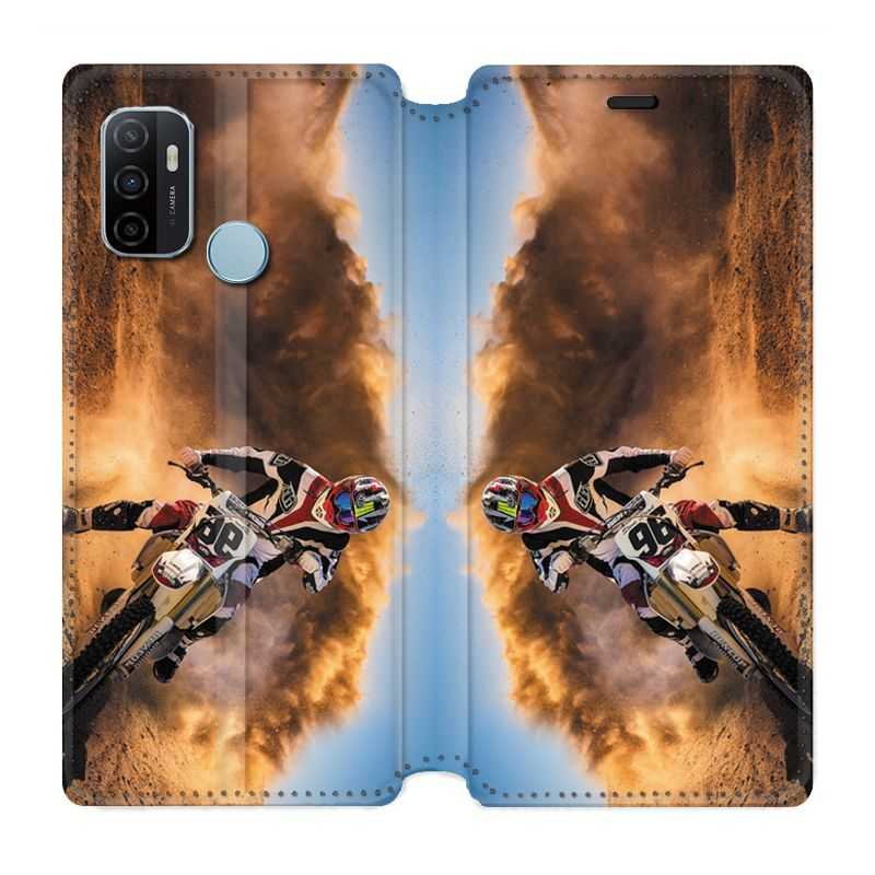 Housse Cuir Portefeuille Pour Oppo A53 / A53S Moto Cross Blanc