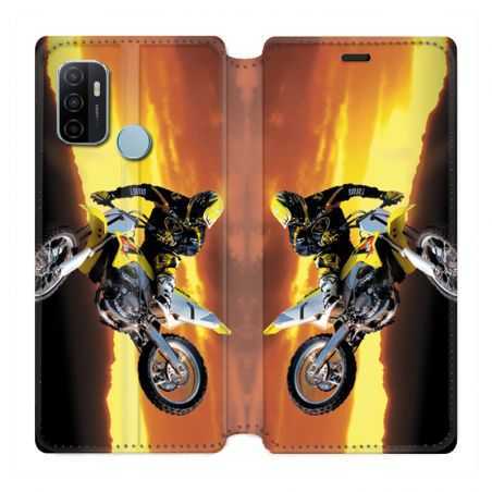 Housse Cuir Portefeuille Pour Oppo A53 / A53S Moto Cross Noir