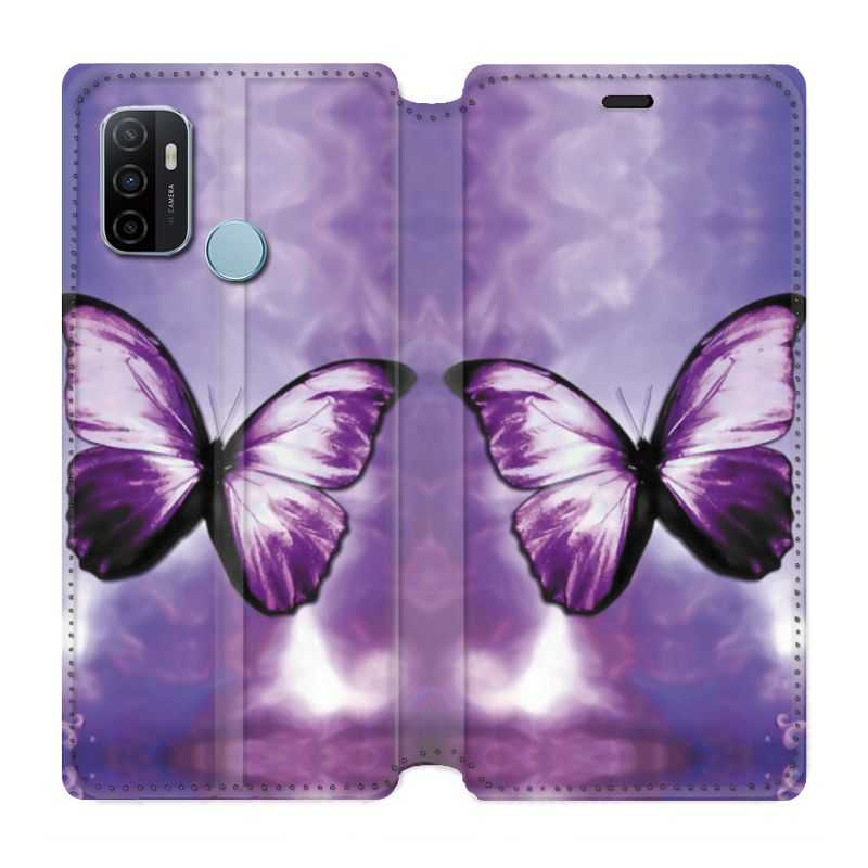 Housse Cuir Portefeuille Pour Oppo A53 / A53S Papillon Violet et Blanc