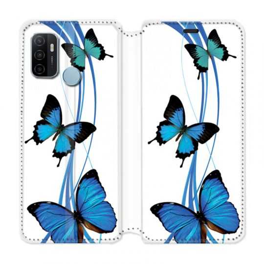Housse Cuir Portefeuille Pour Oppo A53 / A53S Papillon bleu sur Blanc