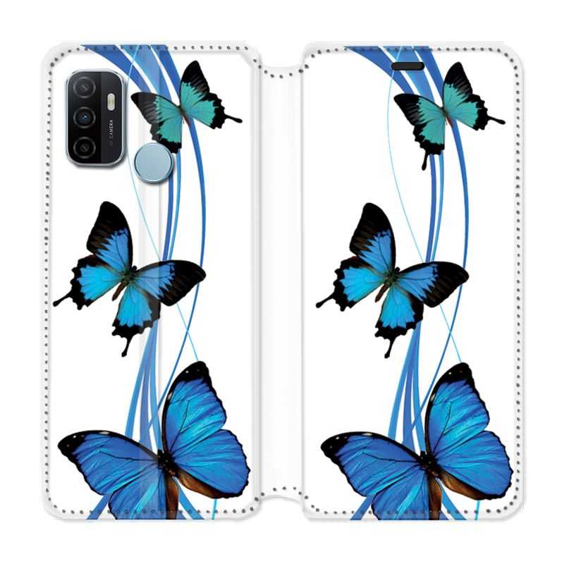 Housse Cuir Portefeuille Pour Oppo A53 / A53S Papillon bleu sur Blanc