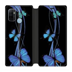 Housse Cuir Portefeuille Pour Oppo A53 / A53S Papillon bleu sur Noir