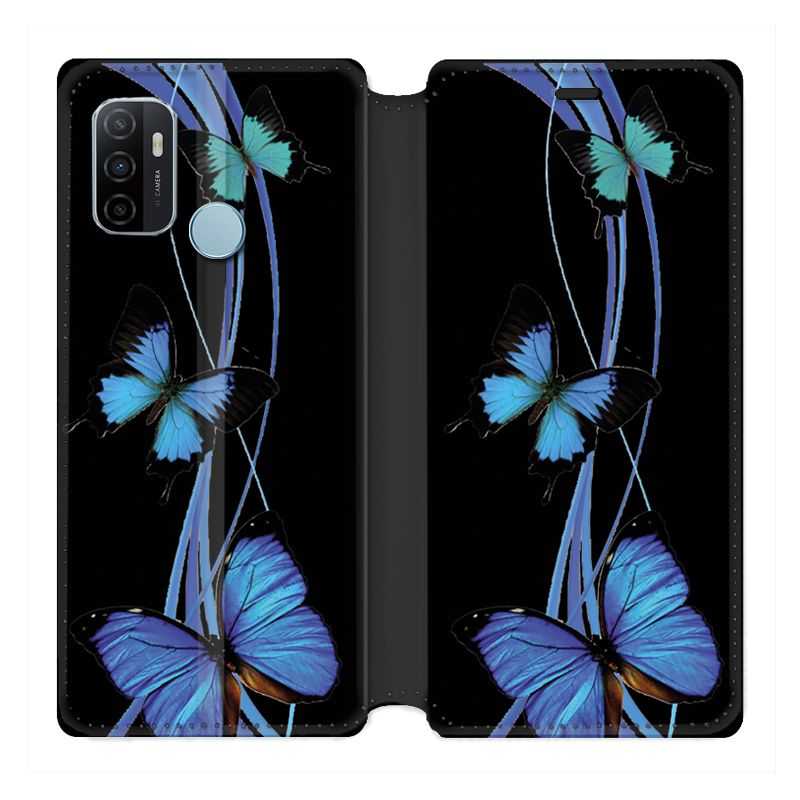 Housse Cuir Portefeuille Pour Oppo A53 / A53S Papillon bleu sur Noir