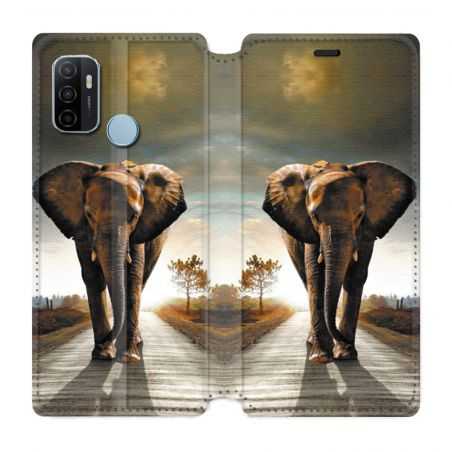 Housse Cuir Portefeuille Pour Oppo A53 / A53S Savane Elephant Route