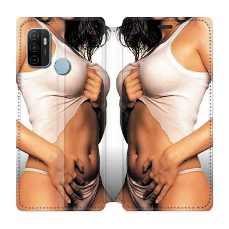 Housse Cuir Portefeuille Pour Oppo A53 / A53S Sexy Tee Shirt Blanc