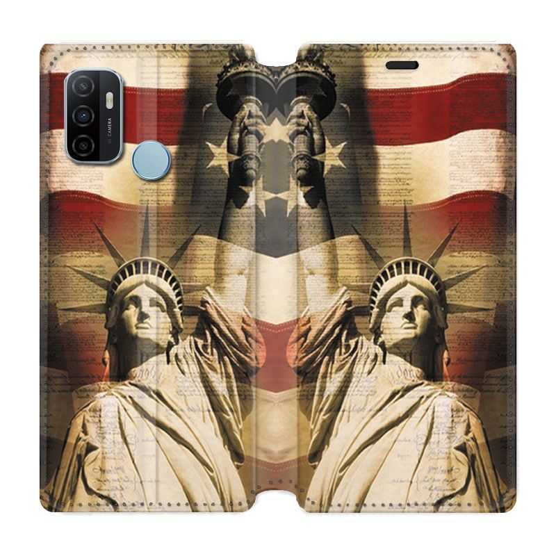 Housse Cuir Portefeuille Pour Oppo A53 / A53S Amerique USA Statue liberté