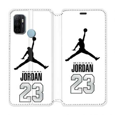 Housse Cuir Portefeuille Pour Oppo A53 / A53S Jordan 23 Blanc