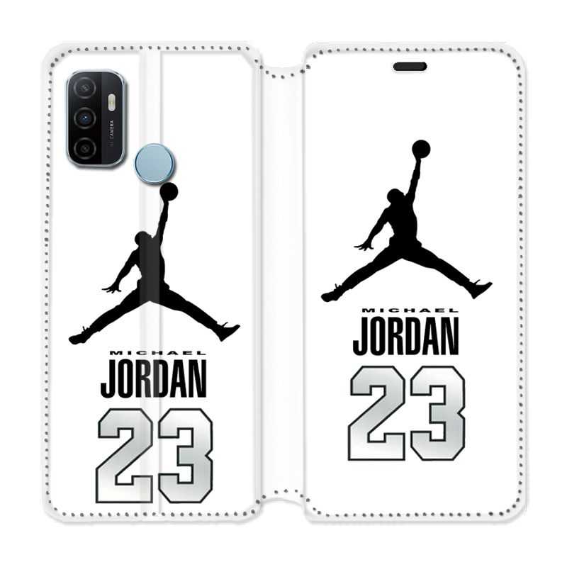 Housse Cuir Portefeuille Pour Oppo A53 / A53S Jordan 23 Blanc