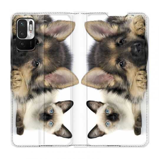 Housse Cuir Portefeuille Pour Xiaomi Redmi Note 10 5G Chien vs Chat
