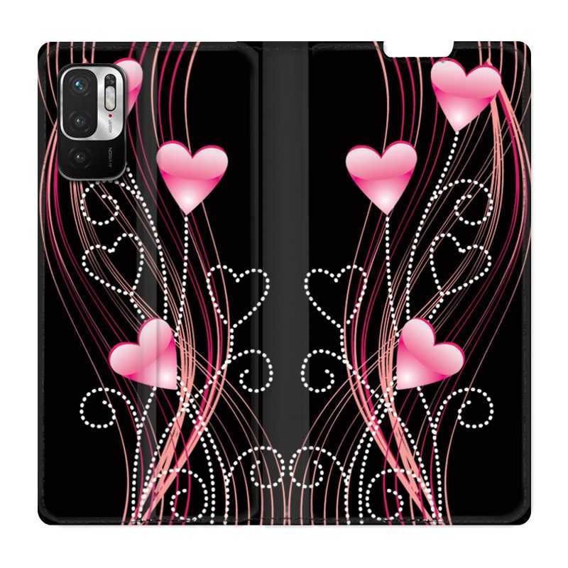 Housse Cuir Portefeuille Pour Xiaomi Redmi Note 10 5G Coeur Rose Montant sur Noir