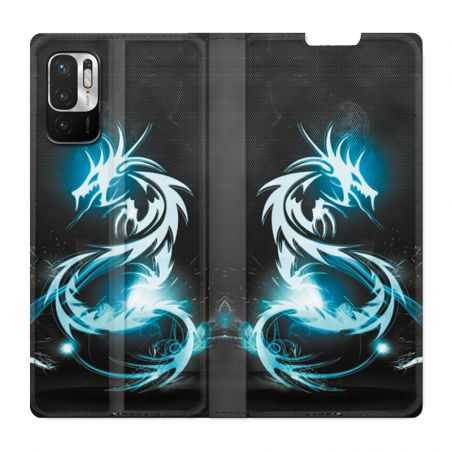Housse Cuir Portefeuille Pour Xiaomi Redmi Note 10 5G Dragon Bleu