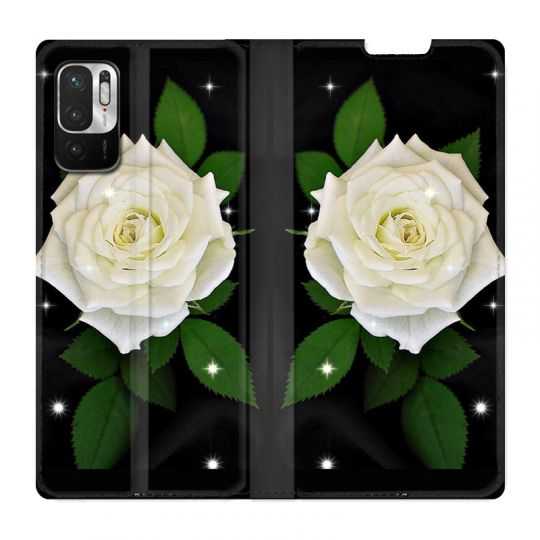 Housse Cuir Portefeuille Pour Xiaomi Redmi Note 10 5G Fleur Rose Blanche