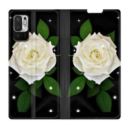 Housse Cuir Portefeuille Pour Xiaomi Redmi Note 10 5G Fleur Rose Blanche