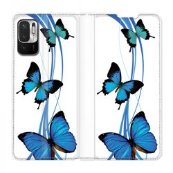 Housse Cuir Portefeuille Pour Xiaomi Redmi Note 10 5G Papillon bleu sur Blanc
