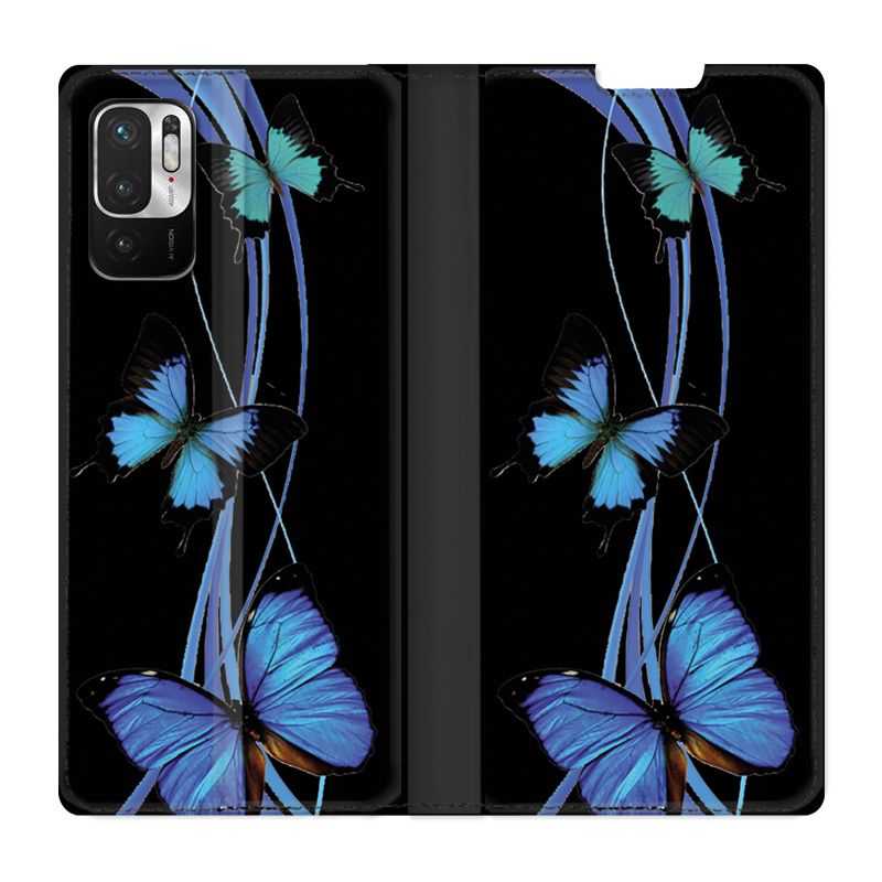 Housse Cuir Portefeuille Pour Xiaomi Redmi Note 10 5G Papillon bleu sur Noir