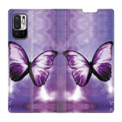 Housse Cuir Portefeuille Pour Xiaomi Redmi Note 10 5G Papillon Violet et Blanc