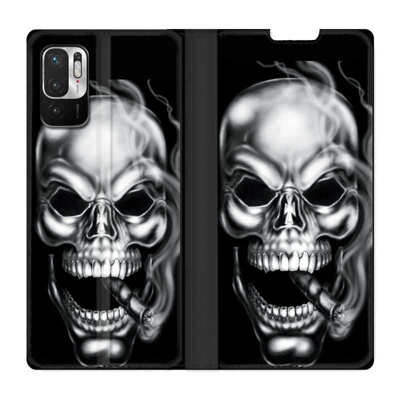 Housse Cuir Portefeuille Pour Xiaomi Redmi Note 10 5G Tete de Mort Fume