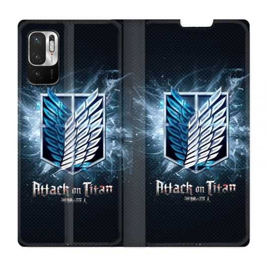 Housse Cuir Portefeuille Pour Xiaomi Redmi Note 10 Pro 5G Manga Attaque Titans Noir