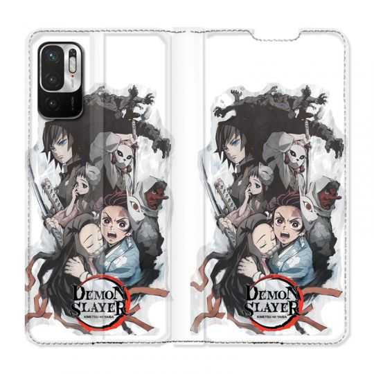Housse Cuir Portefeuille Pour Xiaomi Redmi Note 10 Pro 5G Manga Demon Slayer Blanc
