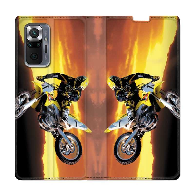 Housse Cuir Portefeuille Pour Xiaomi Redmi Note 10 Pro 5G Moto Cross Noir