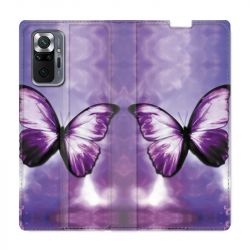 Housse Cuir Portefeuille Pour Xiaomi Redmi Note 10 Pro 5G Papillon Violet et Blanc