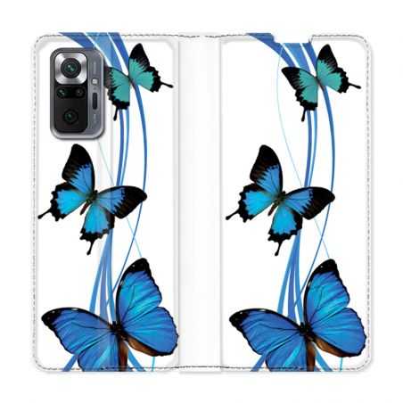 Housse Cuir Portefeuille Pour Xiaomi Redmi Note 10 Pro 5G Papillon bleu sur Blanc