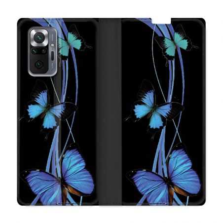 Housse Cuir Portefeuille Pour Xiaomi Redmi Note 10 Pro 5G Papillon bleu sur Noir