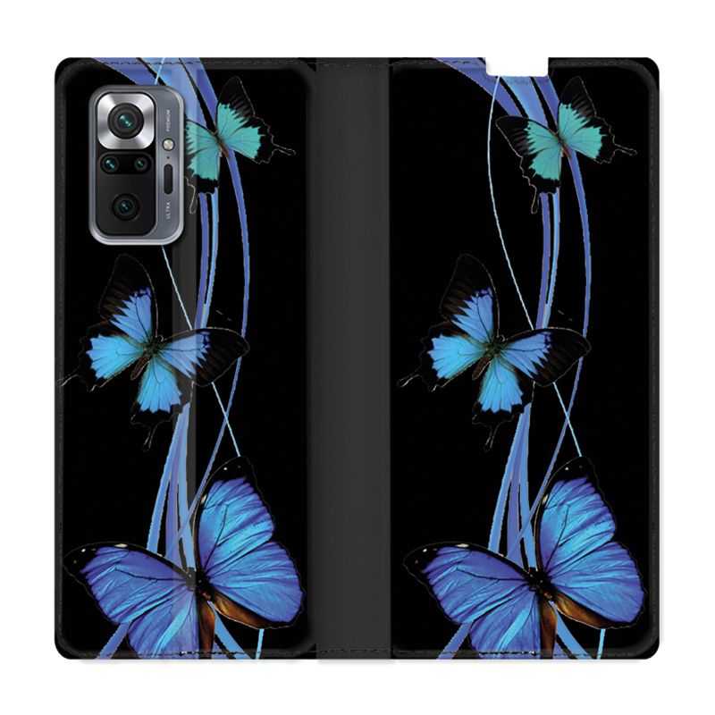Housse Cuir Portefeuille Pour Xiaomi Redmi Note 10 Pro 5G Papillon bleu sur Noir