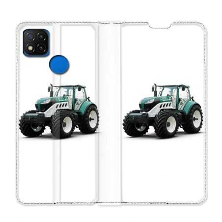 Housse Cuir Portefeuille PourXiaomi Redmi 9C Agriculture Tracteur Blanc